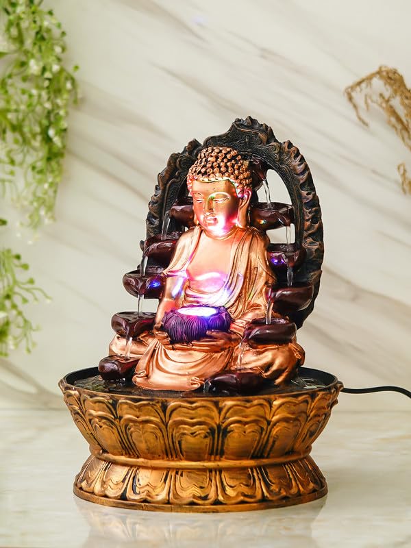 Image of Golden Brown Polyresin Tabletop Buddha Indoor Water Fountain for Home Decor with LED, Speed Control Pump (Size: 37 x 27 x 27 CM | Weight: 2185Gram)