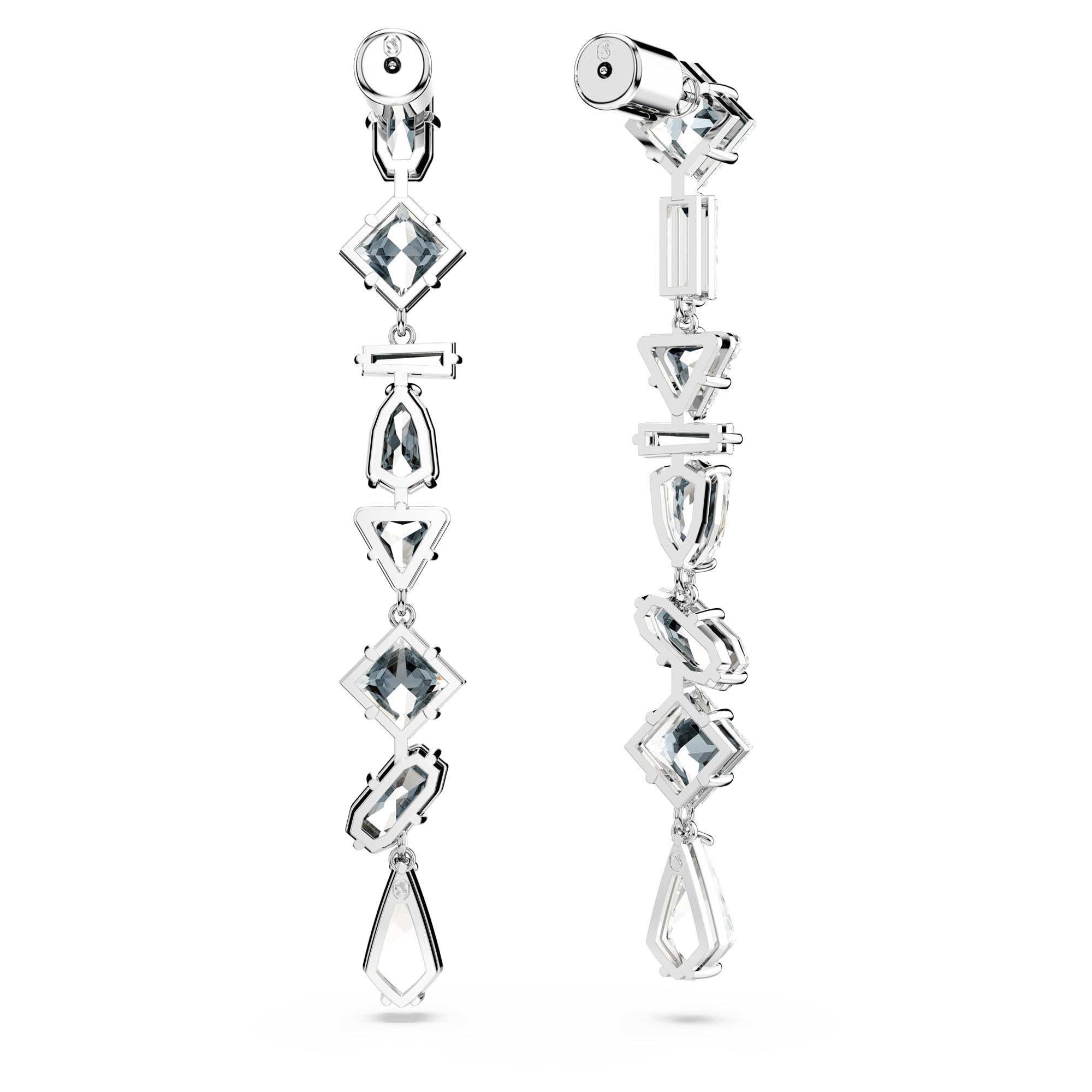 Swarovski Długie kolczyki Mesmera, Wzór asymetryczny, Szlify różnorodne, Długie, Białe, Powłoka z rodu