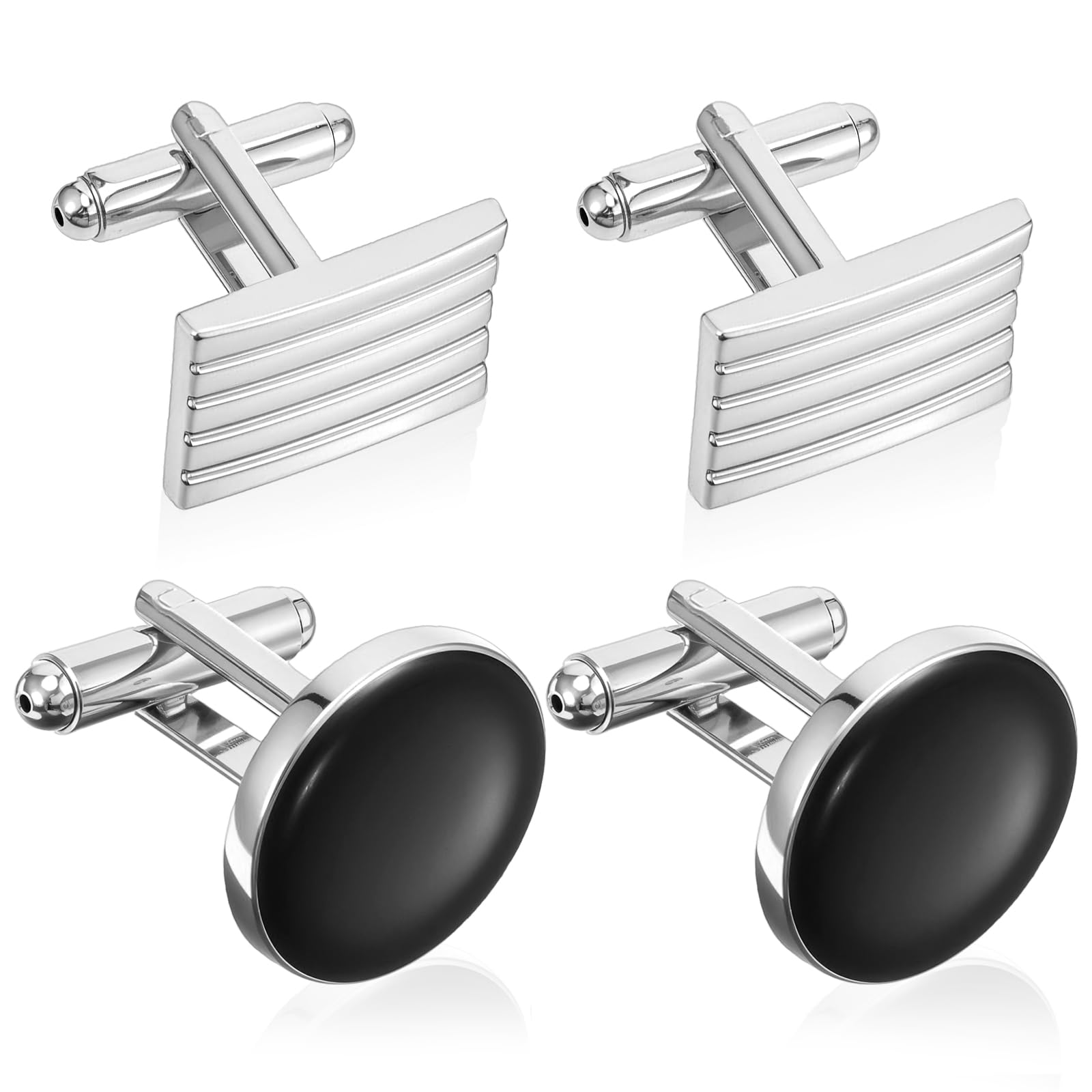 Mens Cufflinks 4 PCS Silver Cuff Links for Men Zinc Alloy Cufflinks Set Classic Groom CuffLink for Wedding Business Formal Suit Shirt Classic Round & Square Design Tuxedo Studs Set Gift for Him