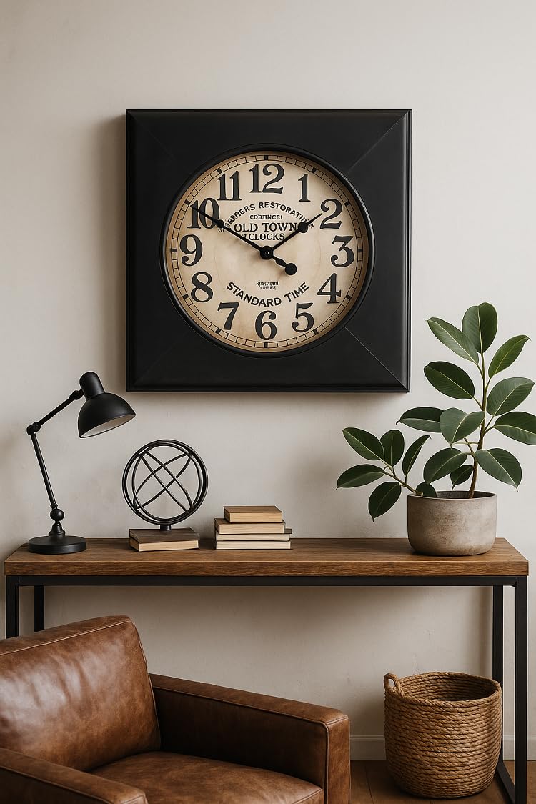 Reloj de pared industrial vintage de metal bruñido 60 x 60 cm – Réplica de época