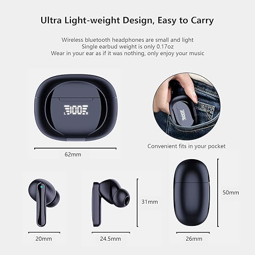 Miniatura 7 de Auriculares Bluetooth inalámbricos 52 horas de reproducción y pantalla de alimentación LED auriculares estéreo impermeables IPX5 auriculares con