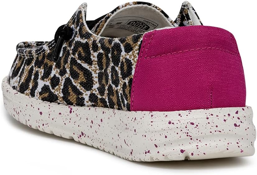 HEYDUDE Wendy Cat (Little Kid/Big Kid) Loafers for Kids - Cotton-Blend Upper - Flex & Fold Technology Cheetah 4 Big Kid M