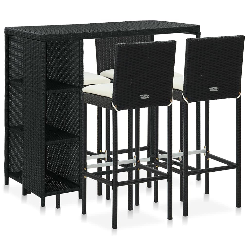 vidaXL Set de Bar para Jardín 5 Piezas y Cojines Asiento Mesa Silla Patio Terraza Barra Bistró Muebles Mobiliario Ratán Sintético Negro