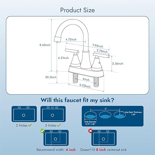 Miniatura 5 de Grifos de baño de 4 pulgadas, grifo de lavabo giratorio montado en la cubierta, grifo de lavabo con drenaje emergente y líneas de suministro, 2