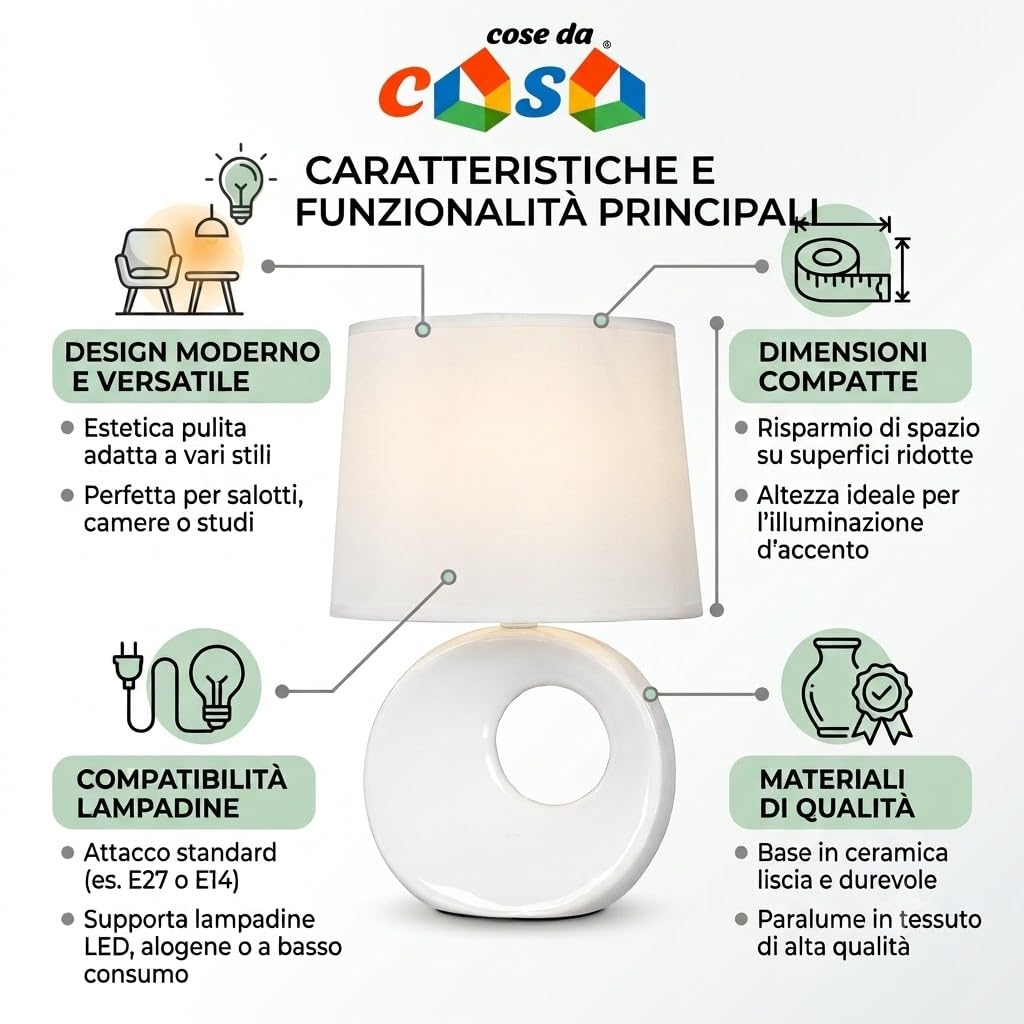 Coppia Abat Jour Camera da Letto Set 2 Lumetti Comodino Ceramica Bianca e Paralume in Tessuto Moderni Lampade da Tavolo Attacco Piccolo E14 Max 40W Altezza 27cm per Soggiorno camerette eleganti