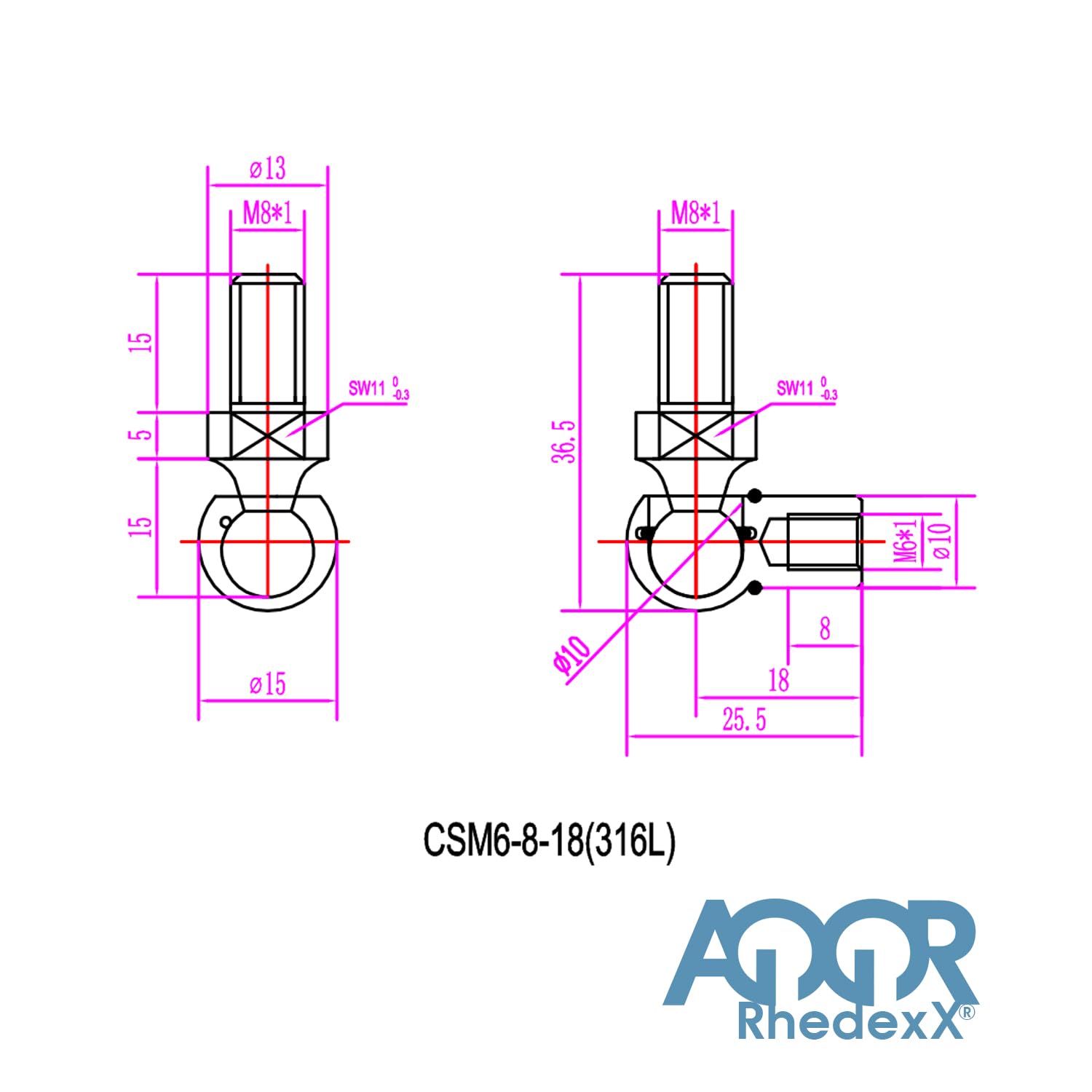 Ressorts à gaz en acier inoxydable V4A AISI 316L - Joint d'angle - 265 mm/100 mm/500 N - Avec rotule M6 (265/100/500N)