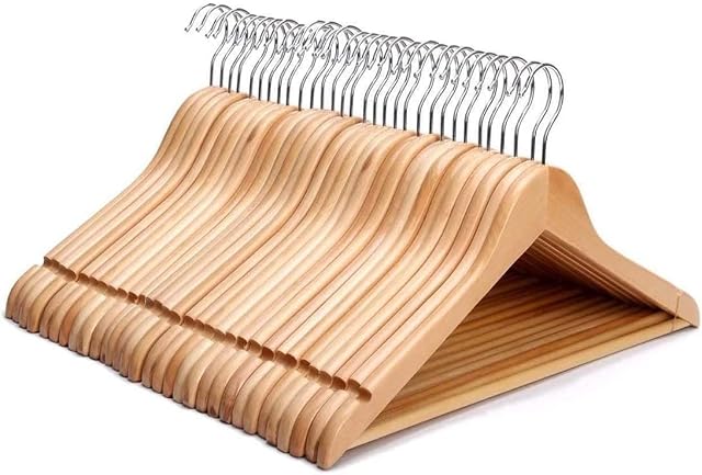 KEPLIN Strong Natural Wood Wooden Coat Hangers with 360 Degree Rotatory Hook & Round Trouser Bar & Shoulder Notches - Durable Wardrobe Space Saver - Suitable for Coat, Jacket, Suit, Jumper (30pk)