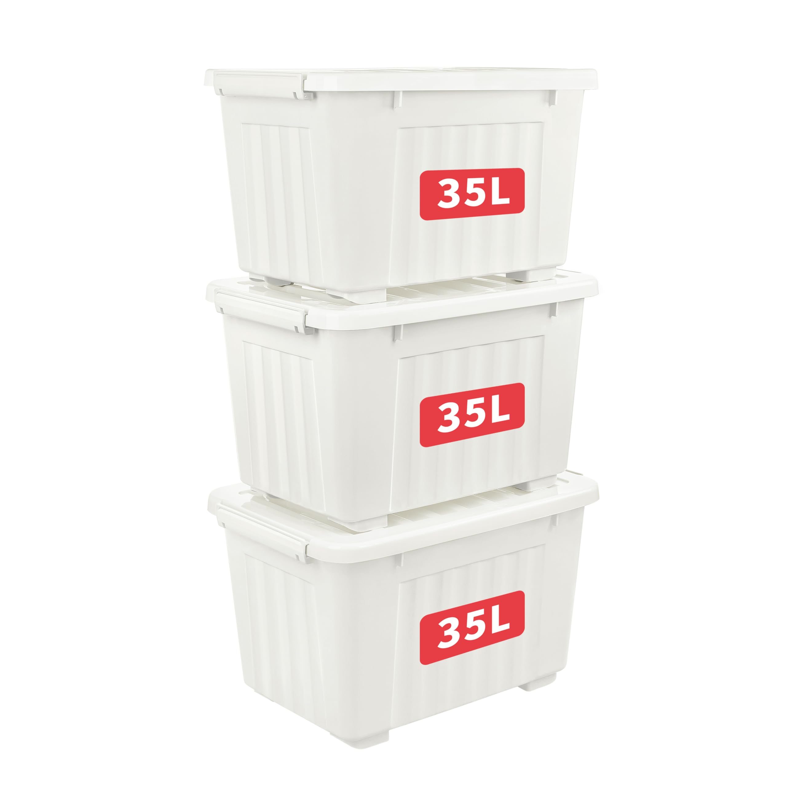 Cetomo 35L*3 Plastic Storage Box,White, Tote box,Organizing Container with Durable Lid and Secure Latching Buckles, Stackable and Nestable, 3Pack, with Buckle