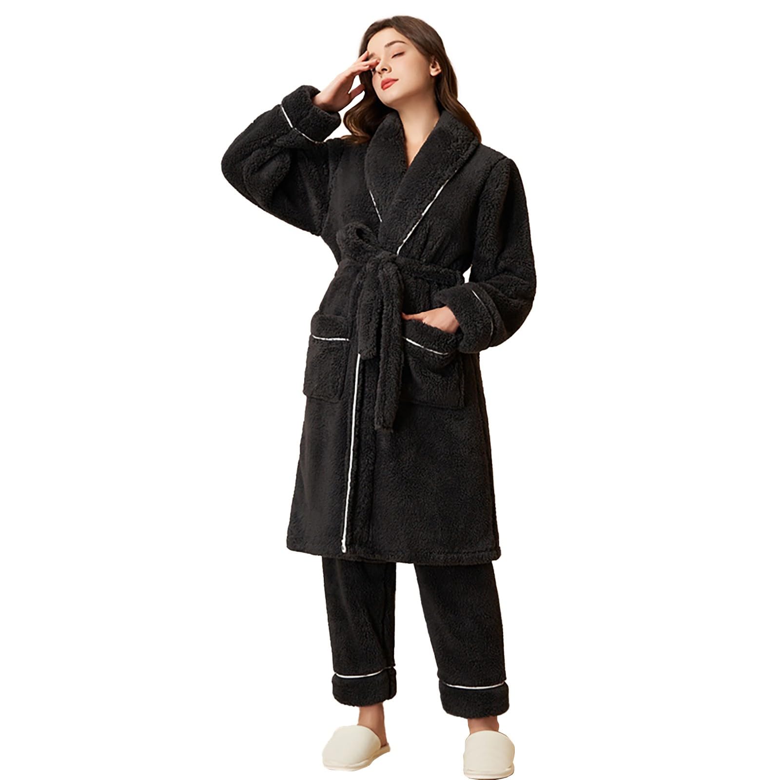 Albornoz para mujer, mullido, con capucha, pantalones de pijama de franela de algodón con bolsillos, pijama de dos piezas, parte delantera, abierta, bata de casa, pantalones de dormir de 2