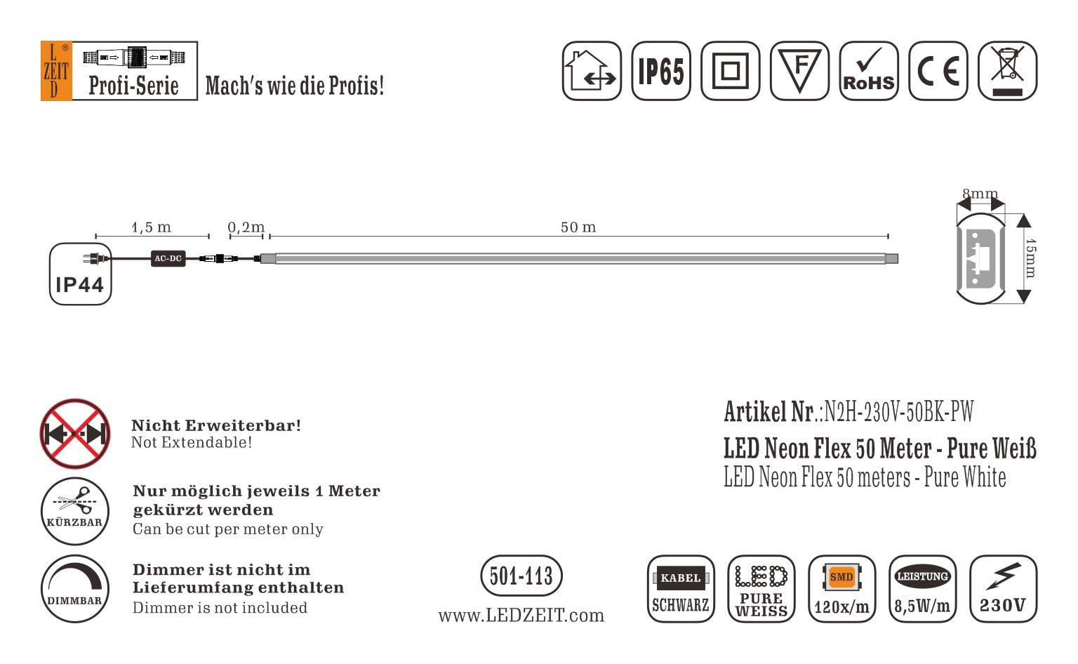 Profi Serie- LED neon flex Striscia di luce 50m esterno e interno, bianco freddo 6500K, dimmerabile, 220V-240V, strip, impermeabile, flessibile. per edifici, negozi, progetti, decorazione