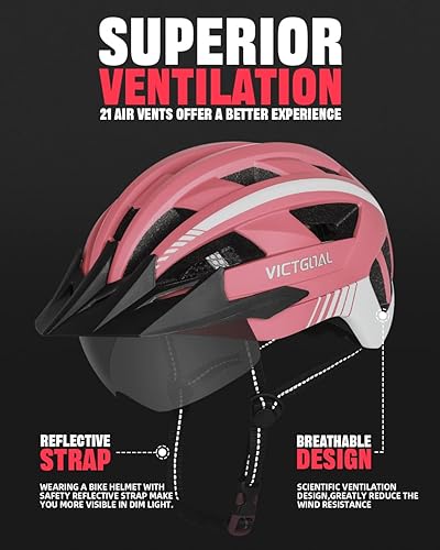 Miniatura 49 de VICTGOAL Casco de bicicleta con luz trasera recargable por USB, gafas magnéticas desmontables, visera solar extraíble, cascos de bicicleta de Negro