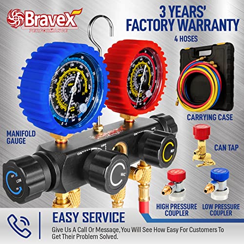 [2022 Upgraded]4 Way Ac Manifold Gauge Set, Hvac Gauges Set For R404A R134A R22 R410A Refrigerants, Ac Gauges With 5Ft Hose, 3 Acme Tank Adapters, Adjustable Couplers And Can Tap #TOP6