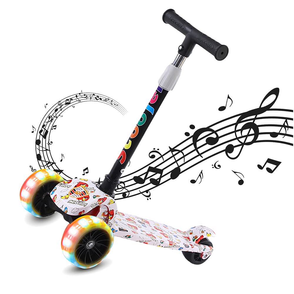 Inder Scooter for Kids with Music&Lightt,3 LED Light Wheeled, Quick-Easy Folding ,4 Level Adjustable Heights Kid Scooter
