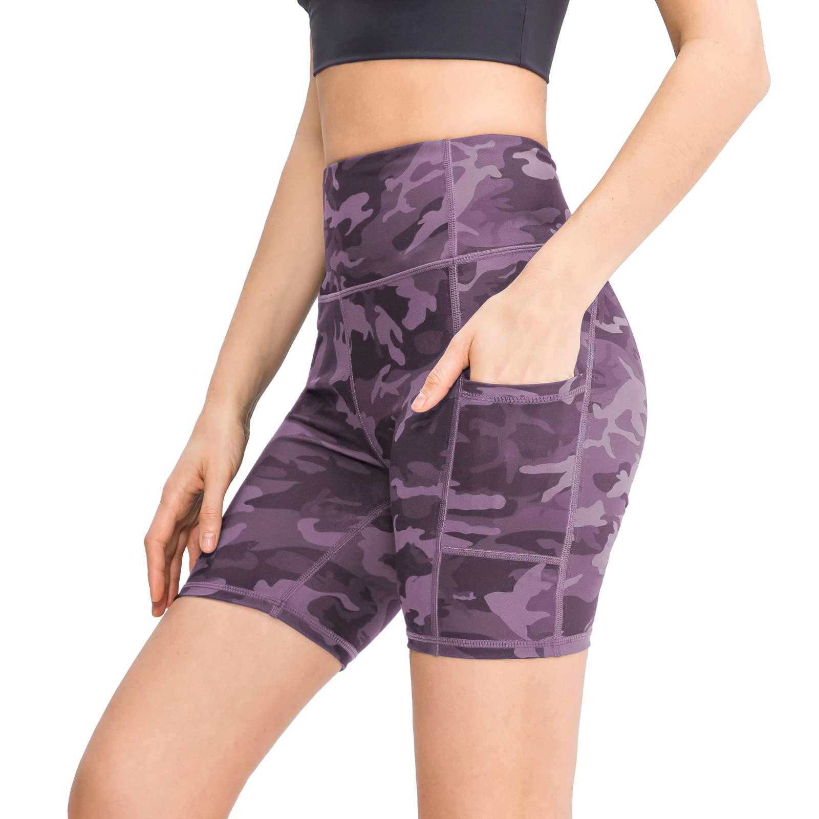 HomyComy Damskie spodnie sportowe, krótkie, z wysoką talią, legginsy na lato, legginsy rowerowe, fitness, czarny/kamuflaż, M