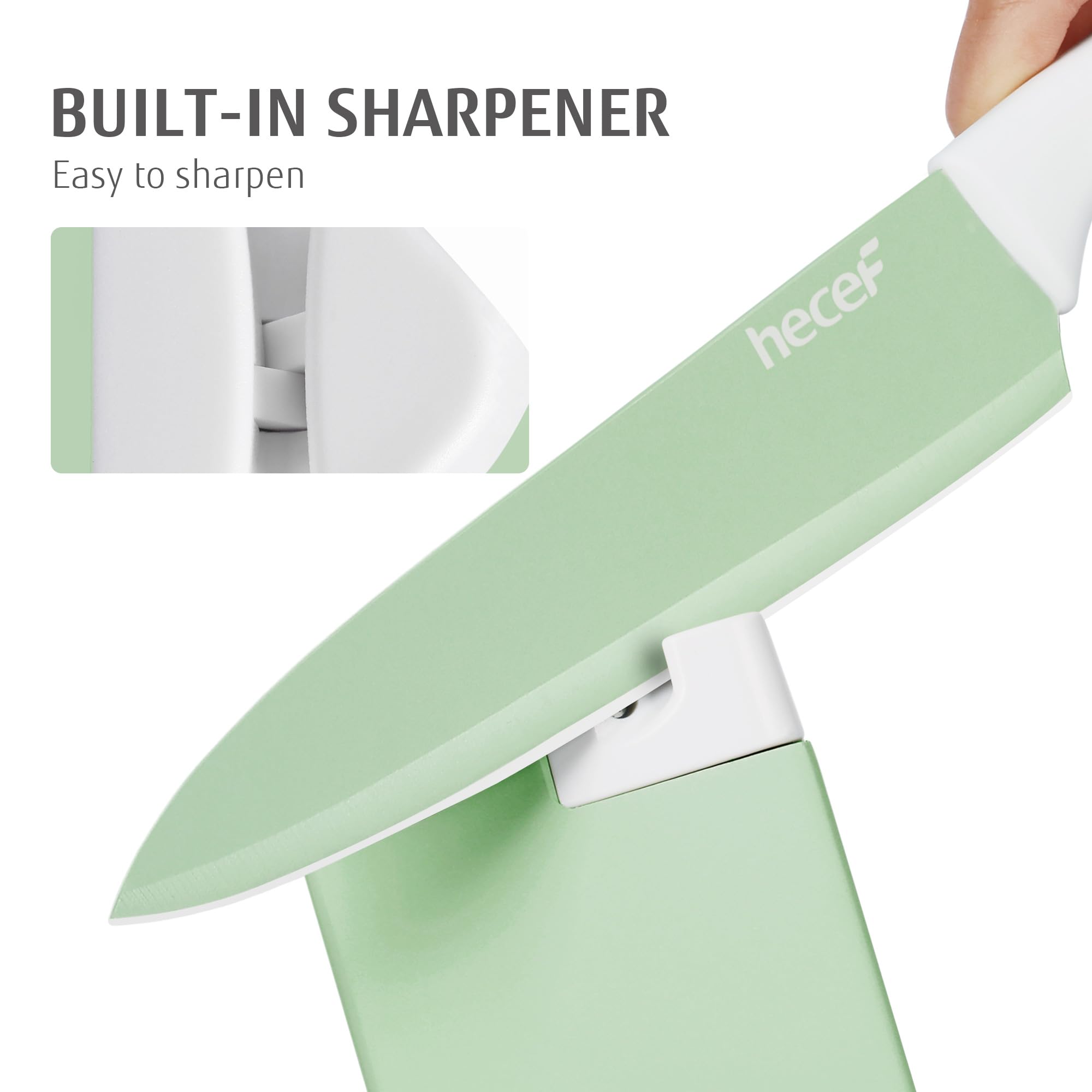 hecef 14‑teilig Messerblock mit Messer, Hellgrün, Antihaft‑Beschichtung – Spülmaschinenfest, Messerblock mit integriertem Schleifer, ergonomische Griffe, platzsparendes Küchenmesser Set für jede Küche