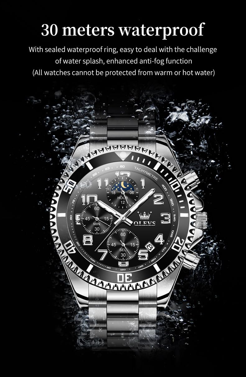 OLEVS Reloj de Pulsera para Hombre, cronógrafo, de Lujo, Fase Lunar, de Acero Inoxidable, Resistente al Agua, Luminoso, Calendario de Negocios, Reloj de Pulsera