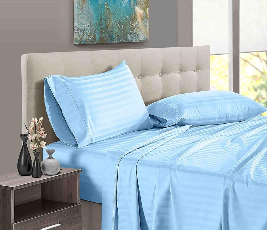 300 TC Glace Cotton Plain Stripe Queen Size Double Bedsheet with 2 Pillow Cover for Home, Hotel, Guest Room (90 X 100) Inch Light Blue Pack 1