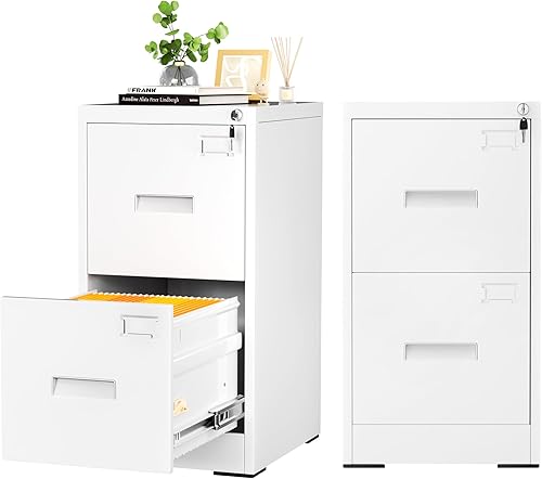 INTERGREAT Archivador de 2 cajones con cerradura, archivador de metal blanco, armario de almacenamiento estrecho con bloqueo con 4 marcos ajustables