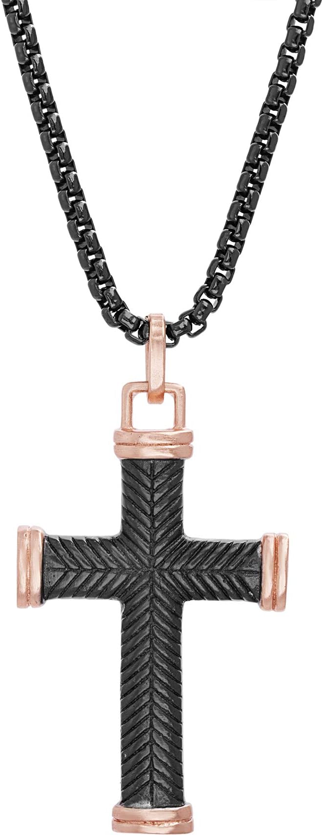 Steve Madden Men's 18" Textured Design Cross Pendant Necklace With Box Chain in Two-Tone Stainless Steel