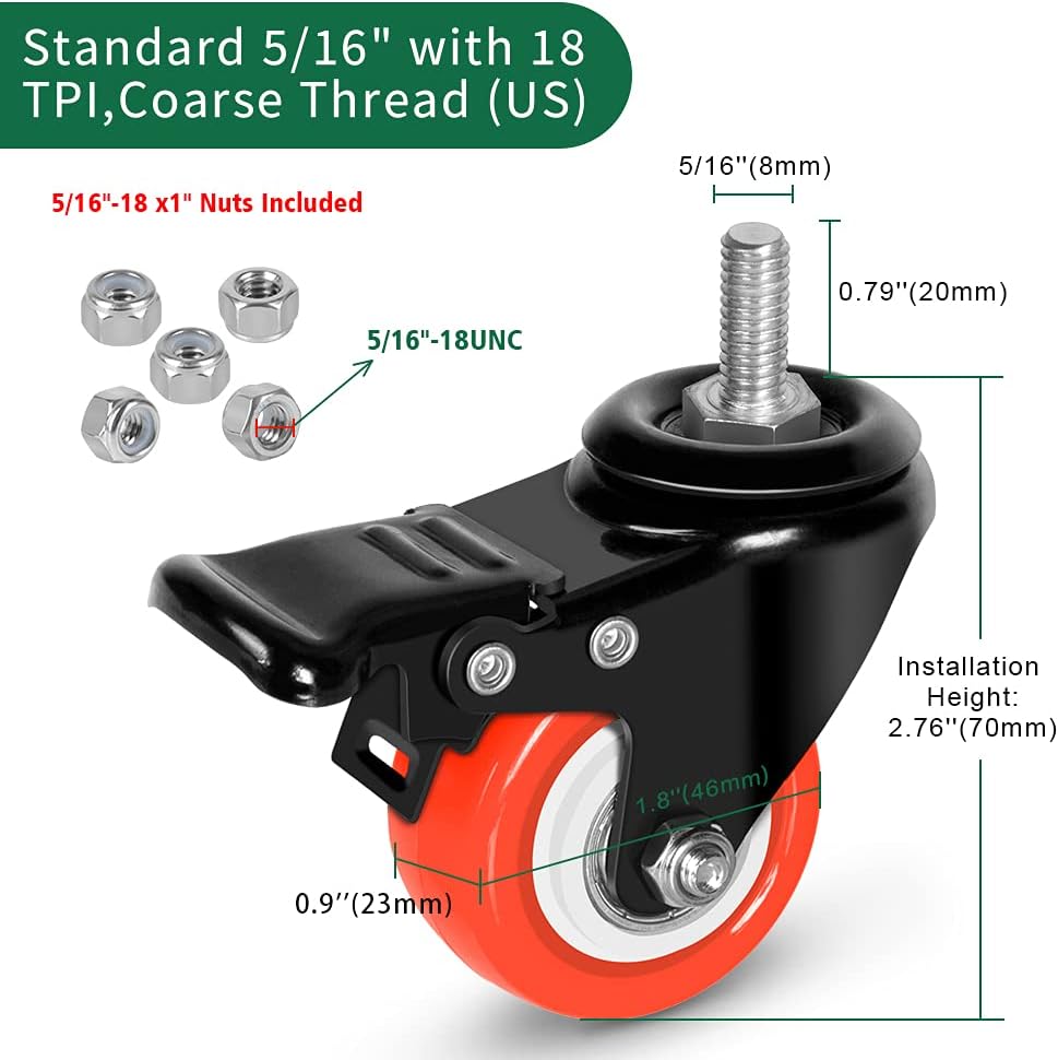 Stem Casters with Brake,Heavy Duty Swivel Threaded Stem Casters,5/16”-18x1”(NOT Metric M8) Stem Casters with Brake for Carts,Dual Lock Stem Casters Loading 300Lbs,NO Noise,Multi Nuts Choice : Industrial & Scientific
