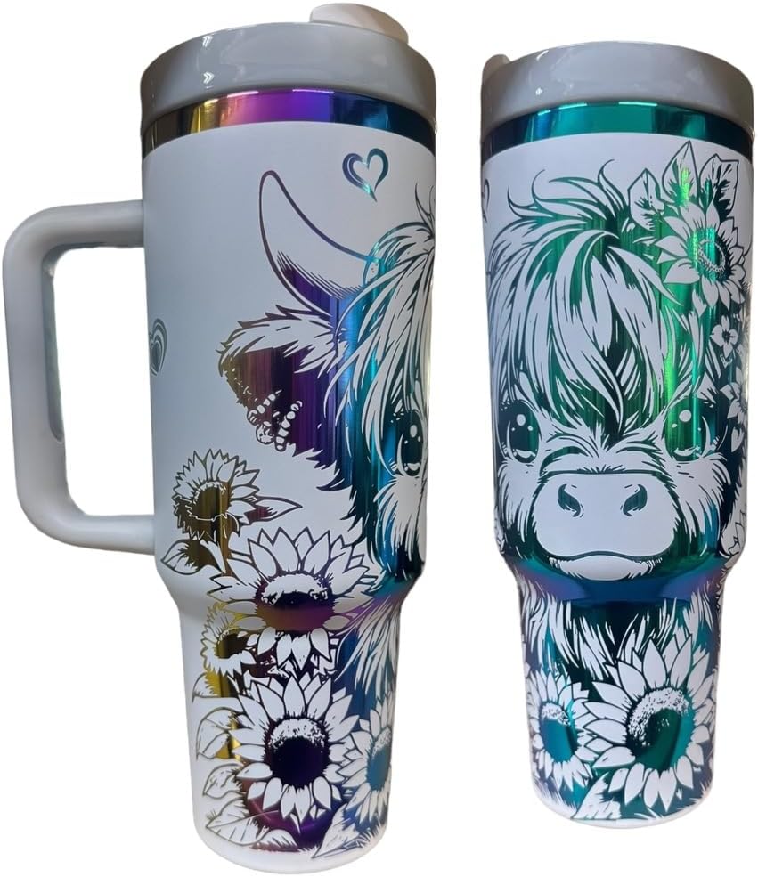 Tumbler, 40oz Tumbler, Western Tumbler, Engraved Cup with Handle, Cute Coffee Mug, 40oz Coffee Mug (Mint-Wildflower(B))