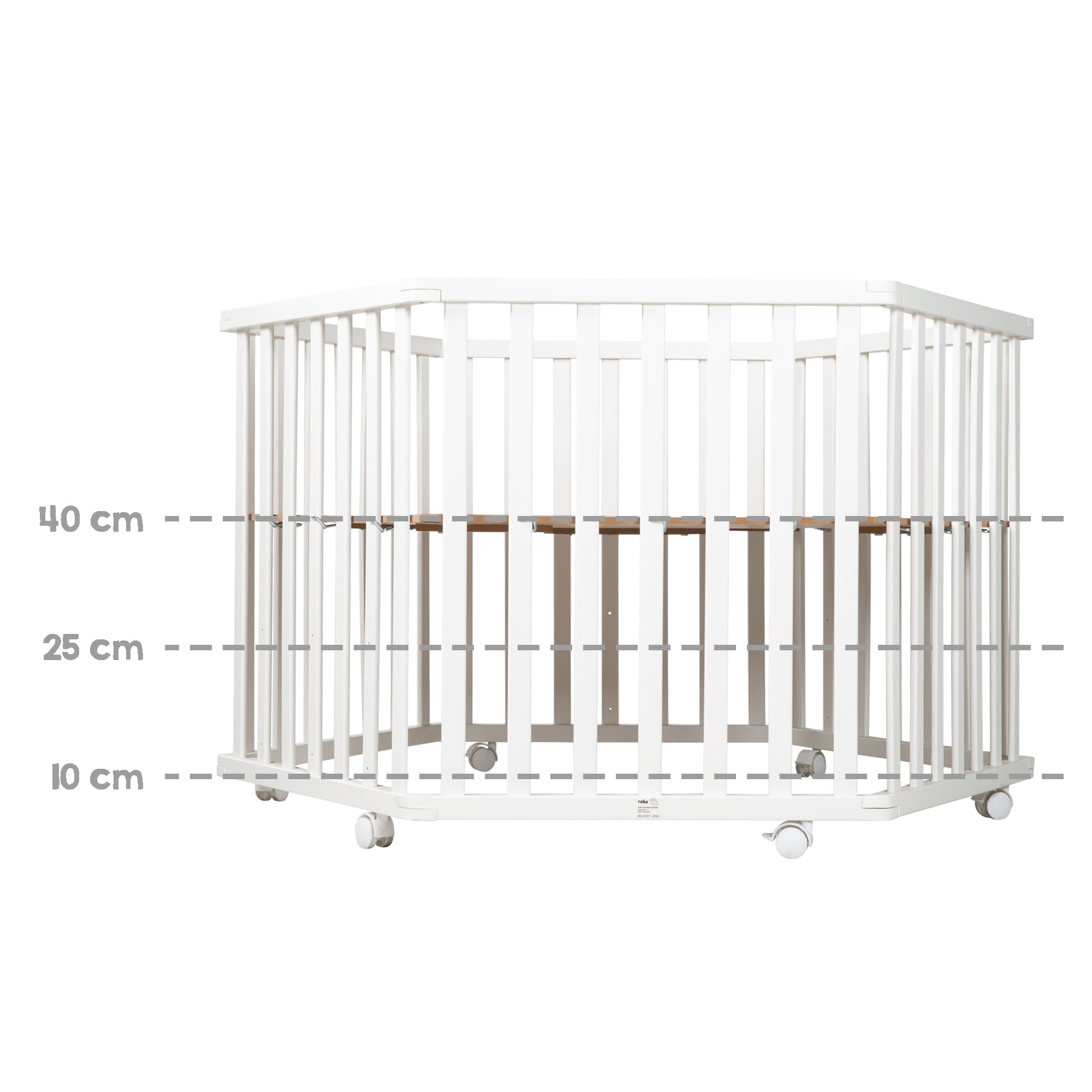 roba Parc hexagonal en bois blanc – parc pour bébé mobile avec roulettes et tour de protection matelassée “Graphite” en cuir végan – barrière de sécurité réglable en hauteur