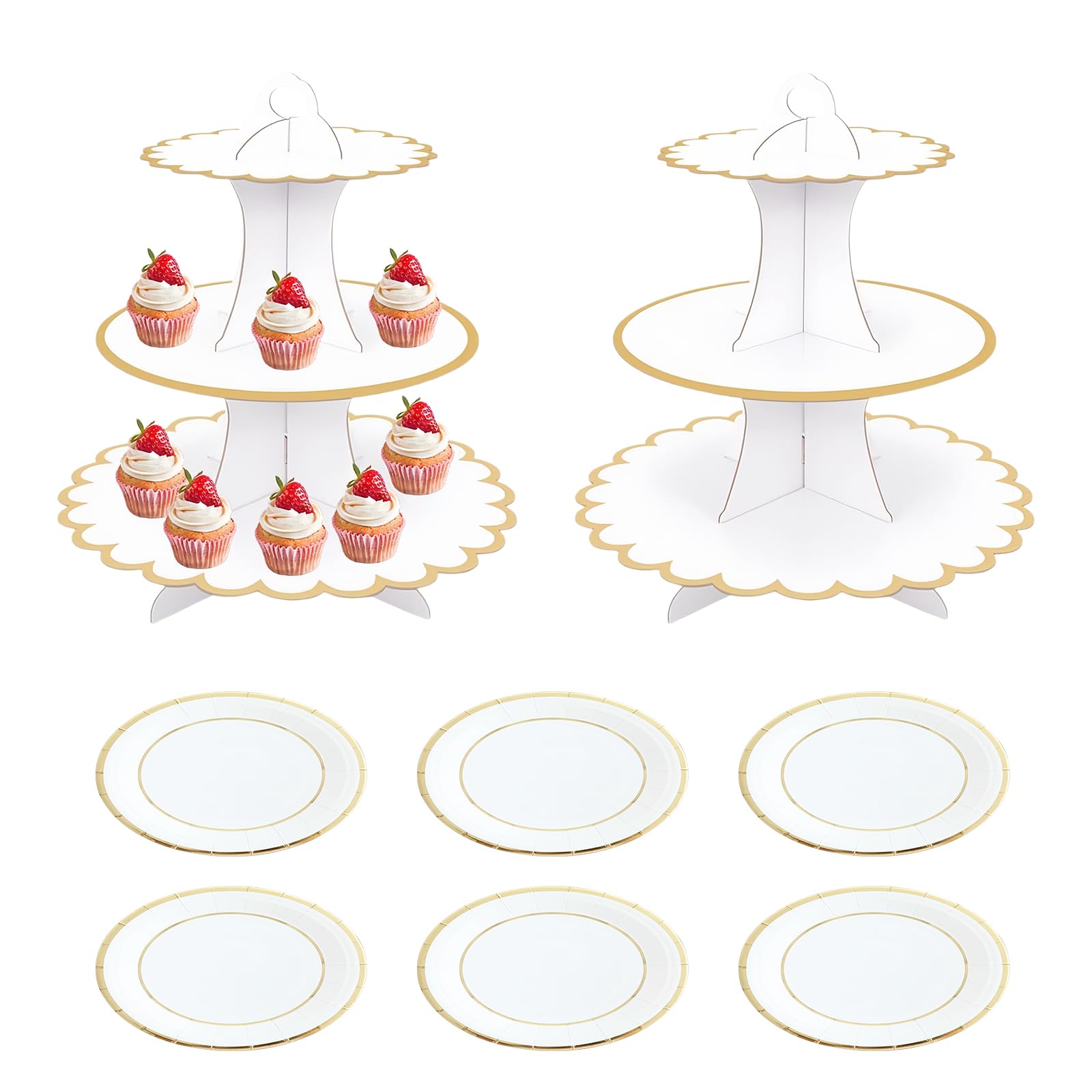 Weeloo White 3-Tier Cardboard Cupcake Stand, 2Pcs Dessert Rack Display Rack With Plates