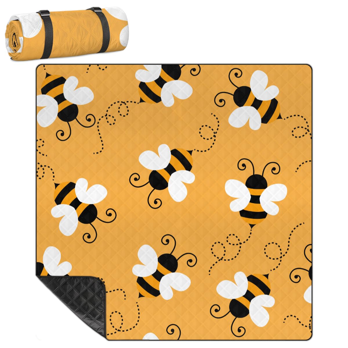 Shimoshe Extra Large Picnic Blankets 79”x 79”, Cute Cartoon Bee Waterproof Foldable Picnic Mat with Straps Portable Beach Blanket for Camping Park Grass Beach Indoor
