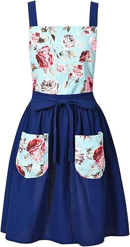 Miniatura 10 de Delantal vintage para mujer con bolsillos, delantales florales para cocinar, hornear, jardinería