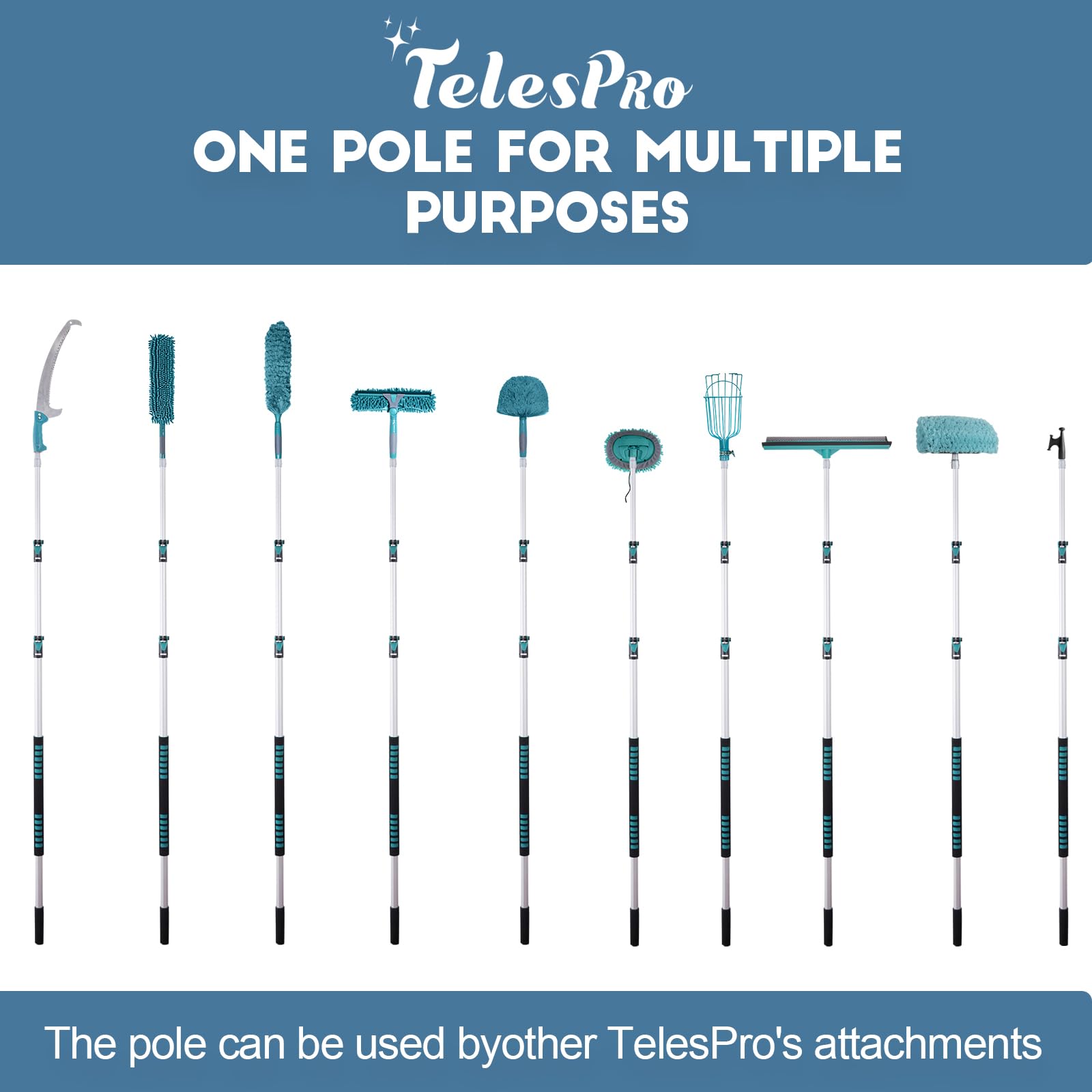 TelesPro Kit de limpieza de 3 piezas de alto alcance con poste de aluminio extensible de 6 a 24 pies, plumero de telaraña, plumero de ventilador de techo de felpilla, plumero de plumas de microfibra.
