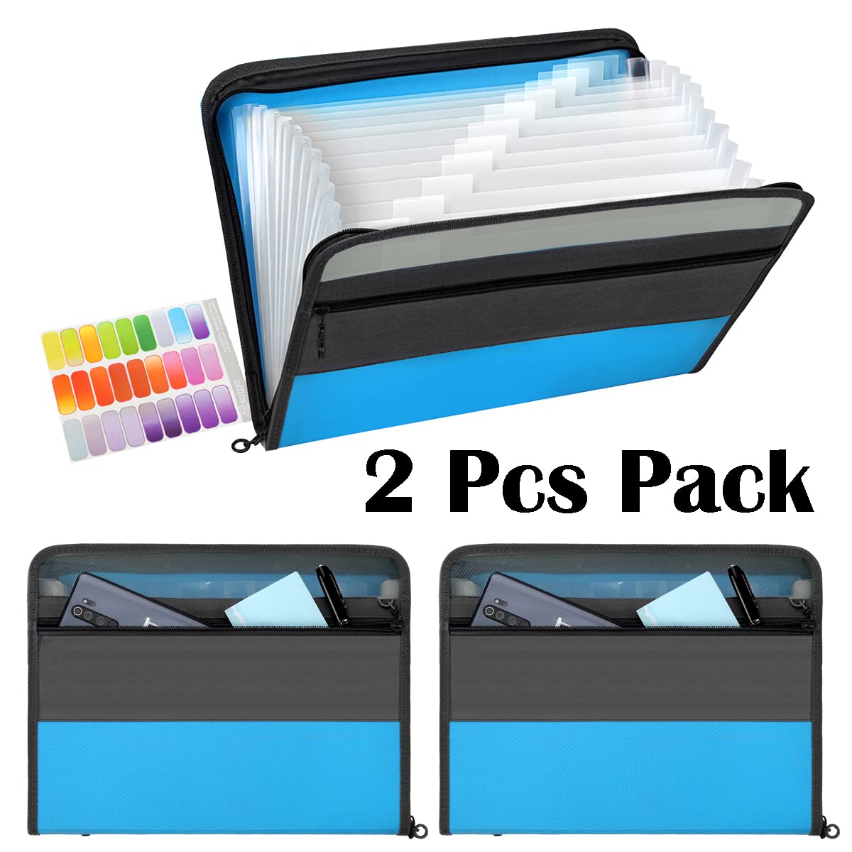 Carpeta de archivos expandible de 13 bolsillos con cierre de cremallera, organizador de plástico A4 con práctico bolsillo frontal para almacenamiento personal de oficina (2 piezas azul)