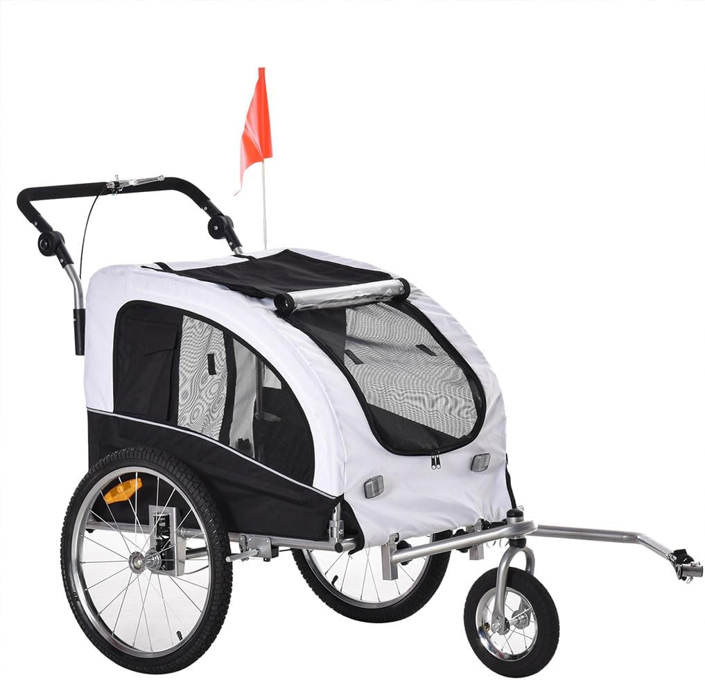2 in 1 Dog Bike Trailer, Modern Steel Pet Travel Cart with Canopy and Storage Pockets Folding Pet Trolley with Hitch and 3 Moving Wheels for Medium and Small Cats Dogs(White)