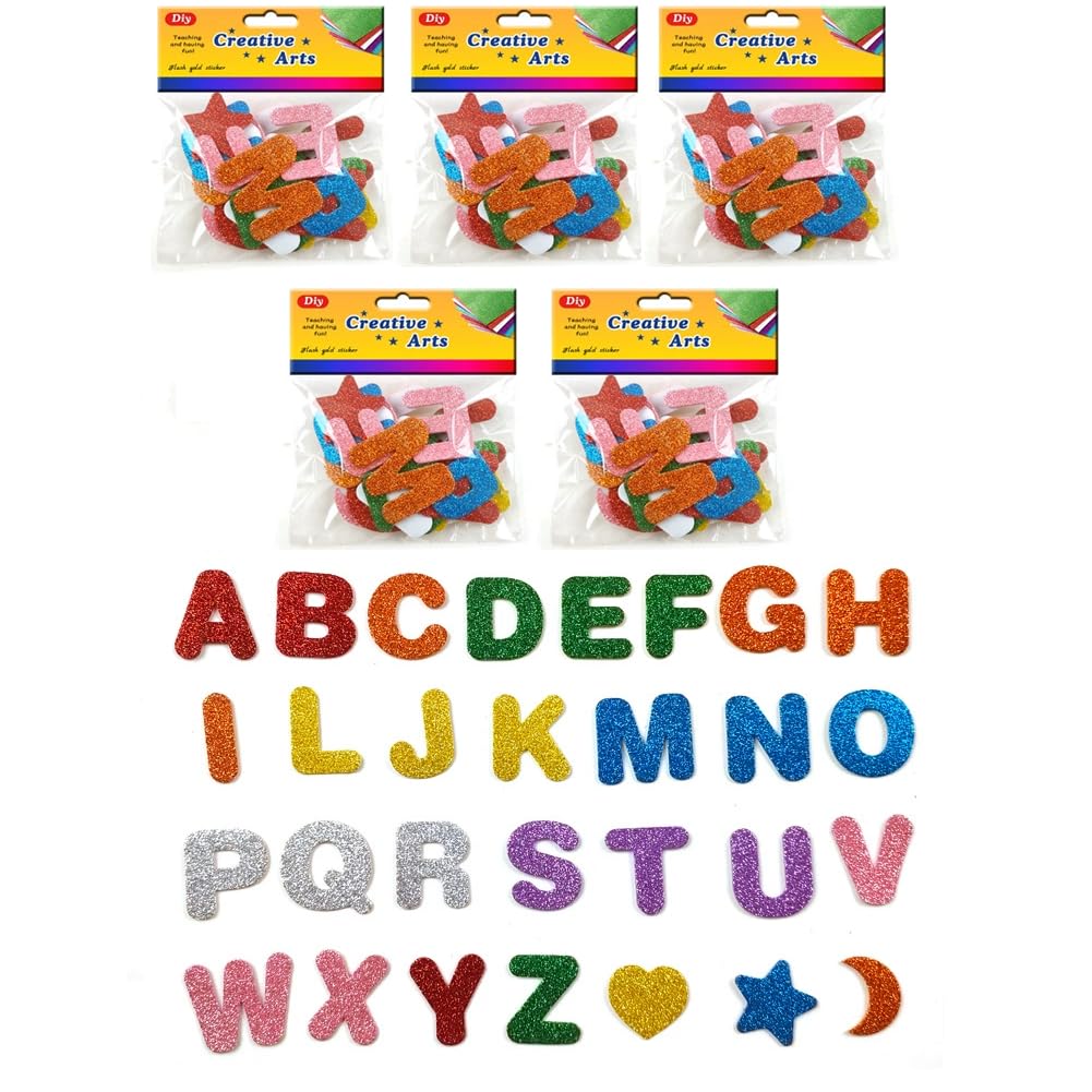 130Pcs Glitter Foam Letters Stickers with Heart Moon Star Labels 5 Sets Colofu 1.5 inch Self-Adhesive A-Z Letter Alphabet Sticker Craft Supplies for