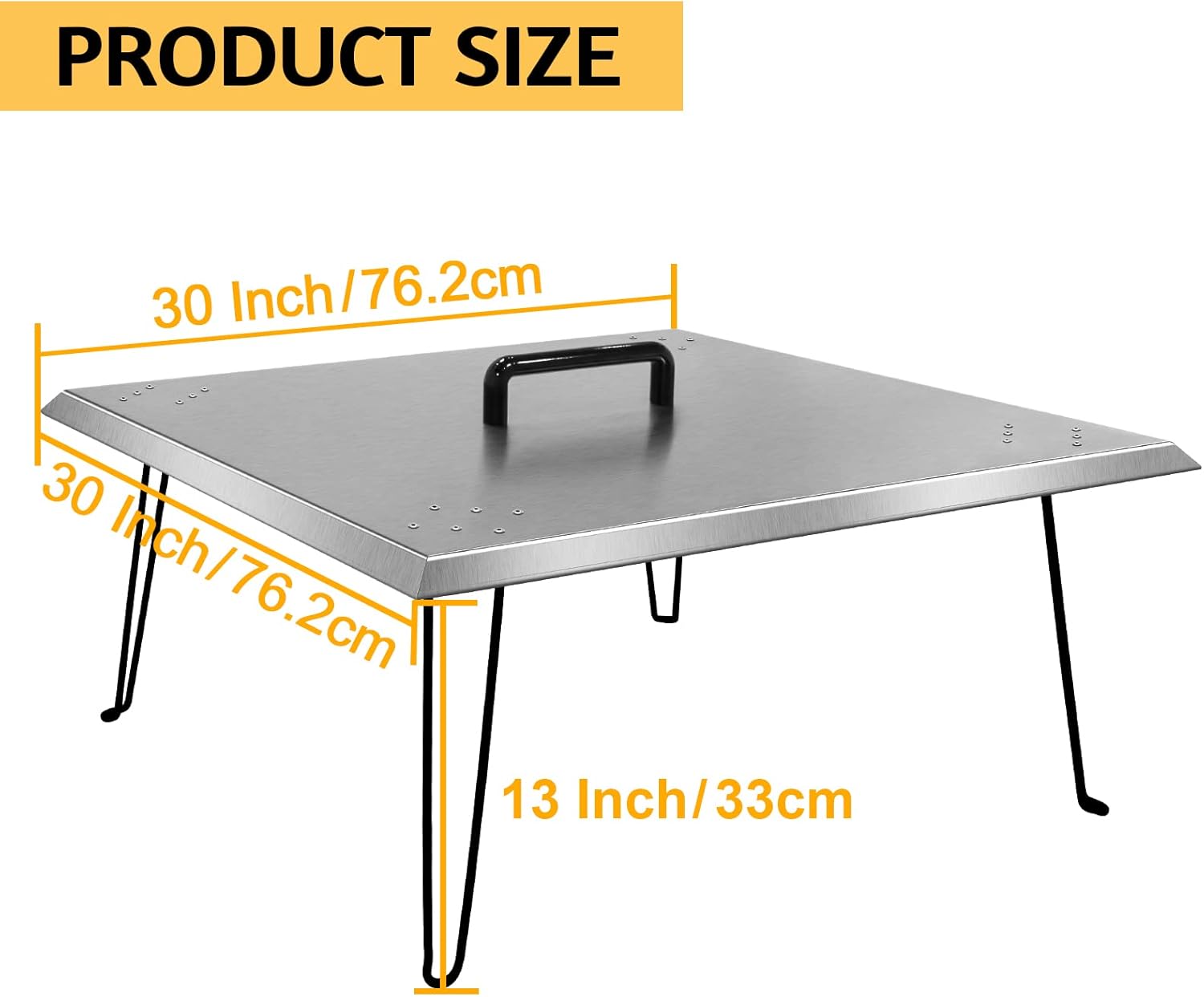 30''x30''x13'' Inch Stainless Steel Fire Pit Heat Deflector, Fire Pit Cover 1.5mm Thick w/Foldable Legs and Carrying Handle, Square Fire Pit Burner Cover to Push Heat Down and Out