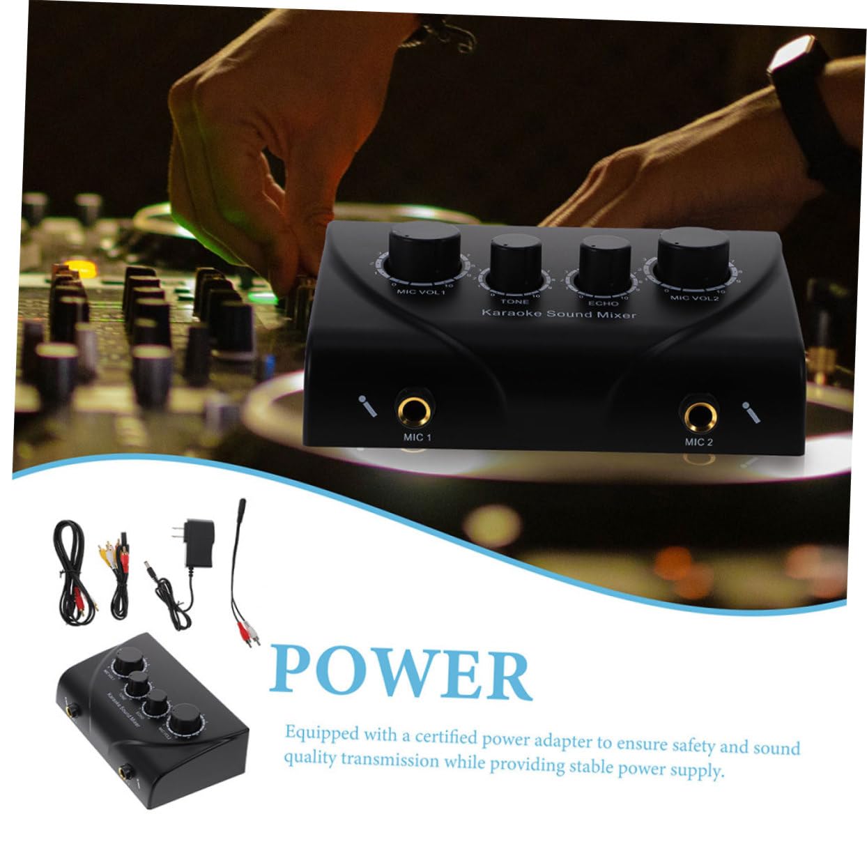 Mixer Karaoke Professionale con Doppio Ingresso Microfono Nero | Audio Mixer per Ktv e Palco, Basso Rumore e Sonora, Cavo Incluso con Alimentatore