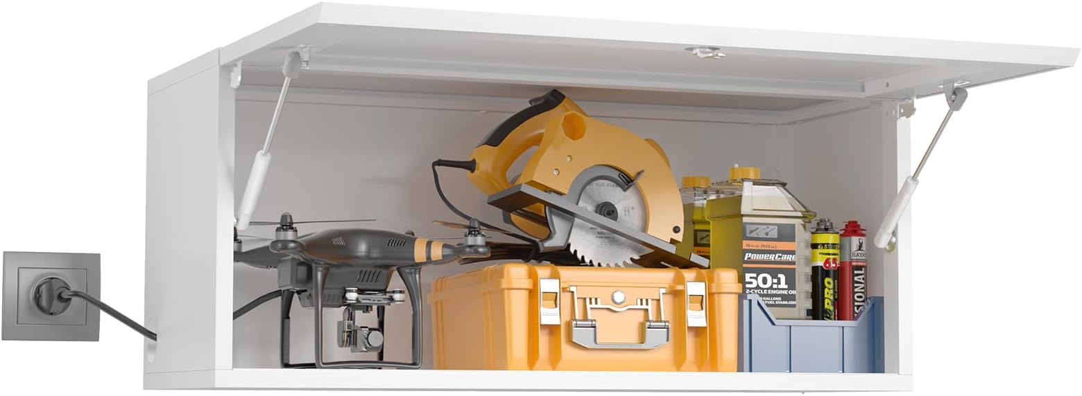 Metal Wall Cabinet for Garage, Wall Mounted Storage Cabinet, Wall Garage Tool Cabinet with Locking, Work Shop Wall Cabinet, Trailer Cabinets, White Flip Up Steel Storage Cabinet, Assembly Required