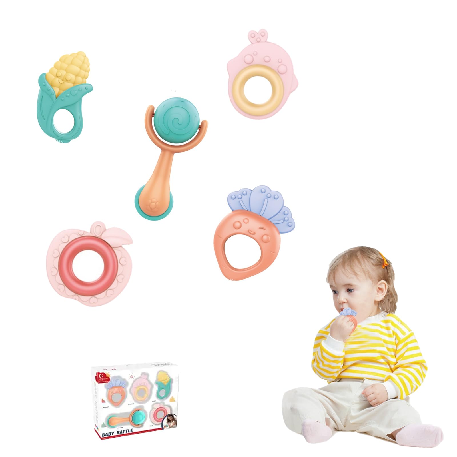 YUMBOT Sonajero Mordedor Bebe - 5 Piezas Sonajeros Juguetes Bebes 0-3 6-12 meses Recién Nacidos Juguetes para la Dentición con caja de regalo de embalaje, para Bebes 0+ meses
