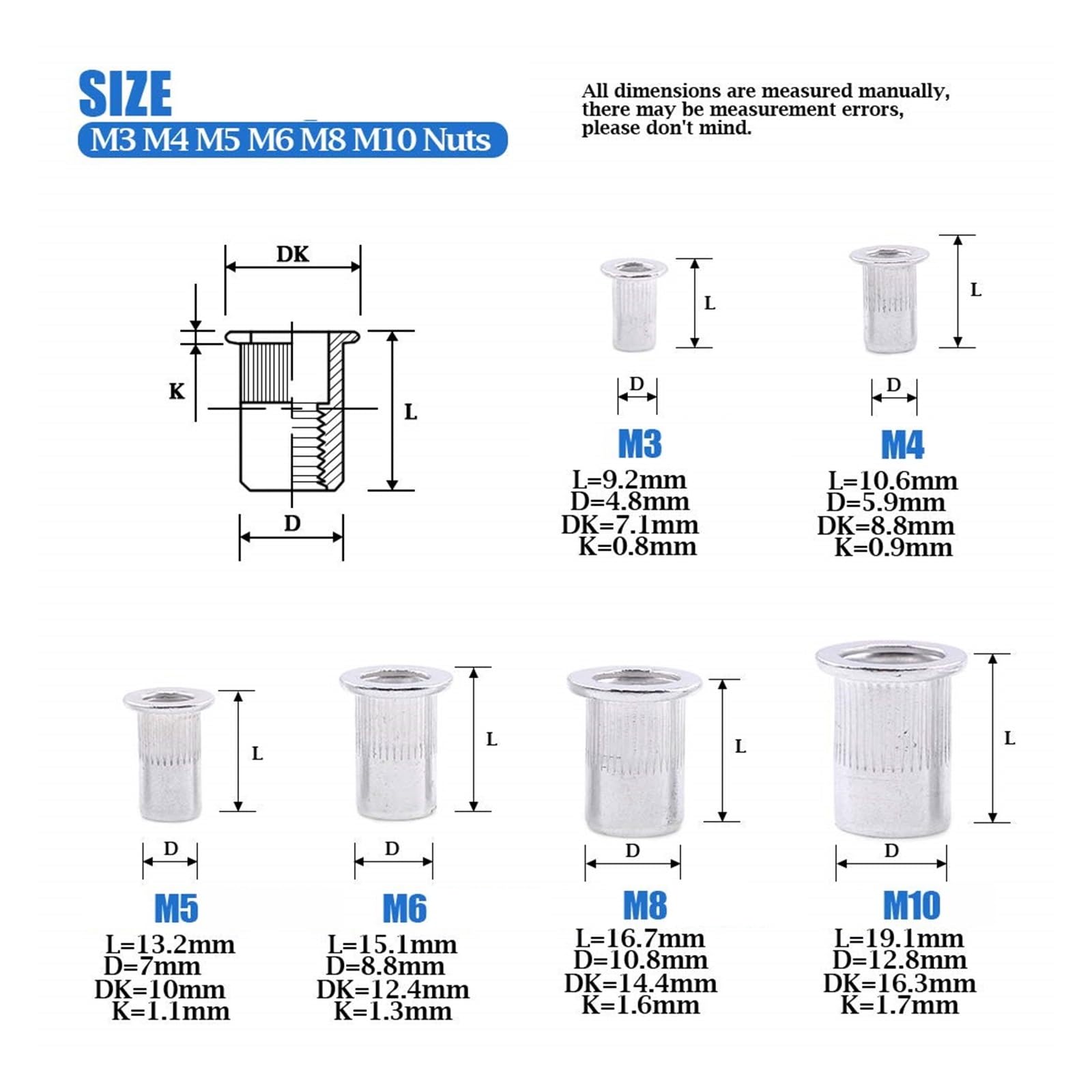 Kit assortimento di dadi for rivetti filettati metrici a testa piatta in alluminio M3/M4/M5/M6/M8/M10 da 100 pezzi(M10)