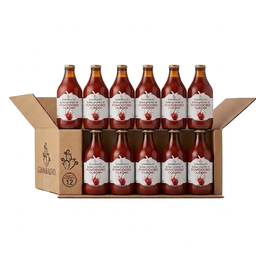 Giambalvo Salsa Pronta di Pomodoro Ciliegino Siciliano, Passata di Pomodoro in Bottiglia di Vetro, Confezione da 12 Bottiglie da 330g