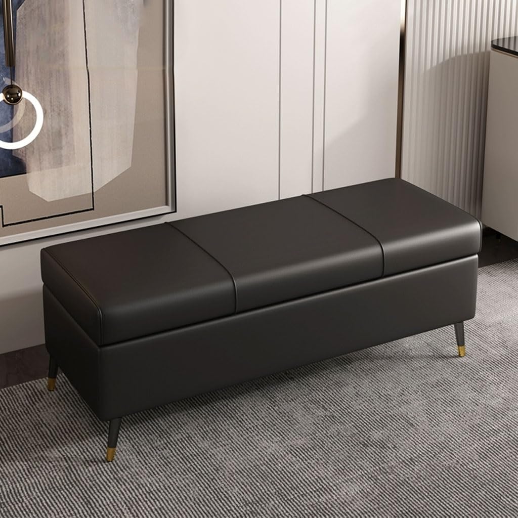 Elegante banco otomano de almacenamiento de piel sintética con tapa abatible para entrada y sala de estar, baúl de almacenamiento de 60 cm de largo con bisagras de seguridad para zapatos y