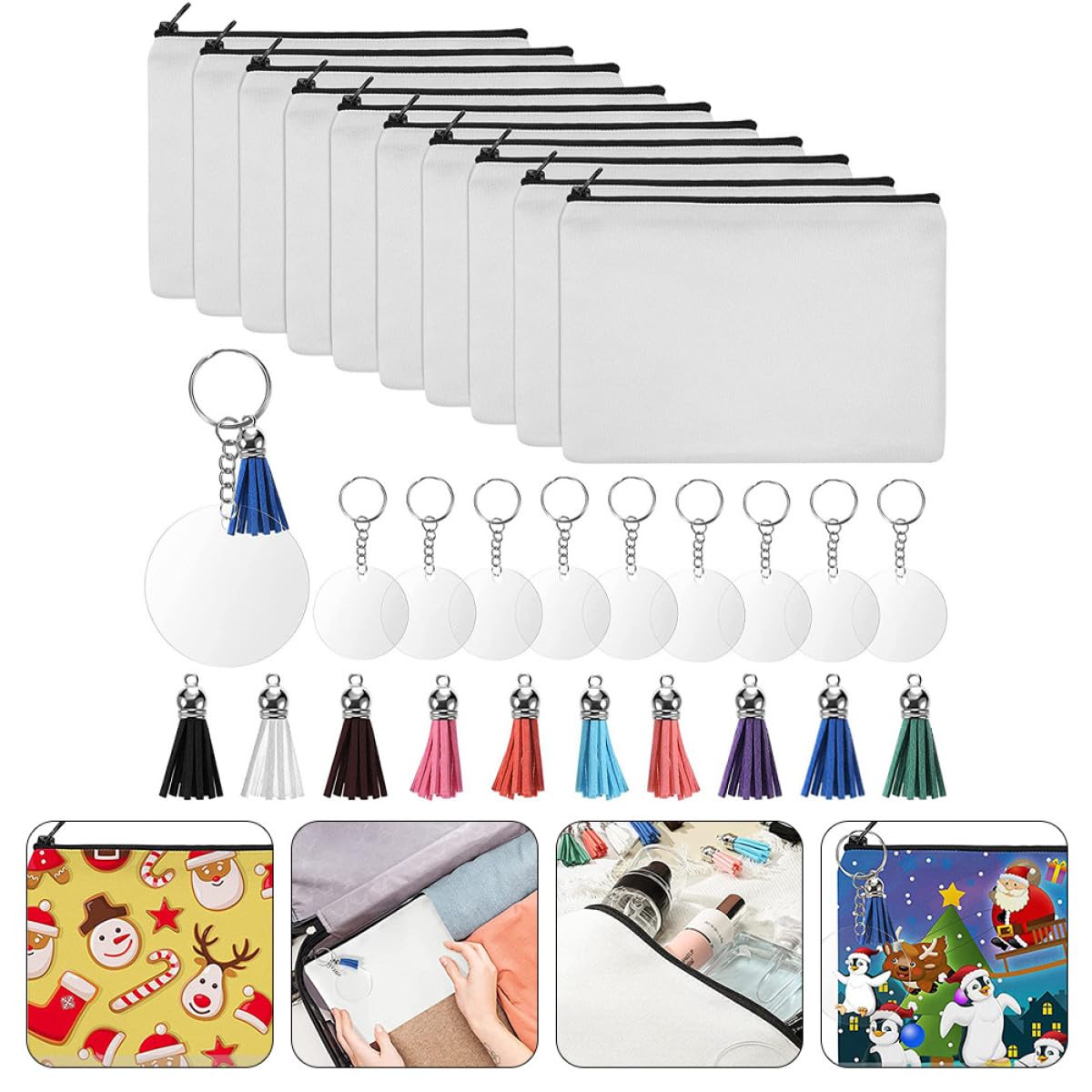 Tofficu Set 10 Pezzi Borse Cosmetiche in Tela Bianca Zip, Sacchetti per Trucchi e Accessori, Borsa da Viaggio Resistente e Pratica per Famiglia