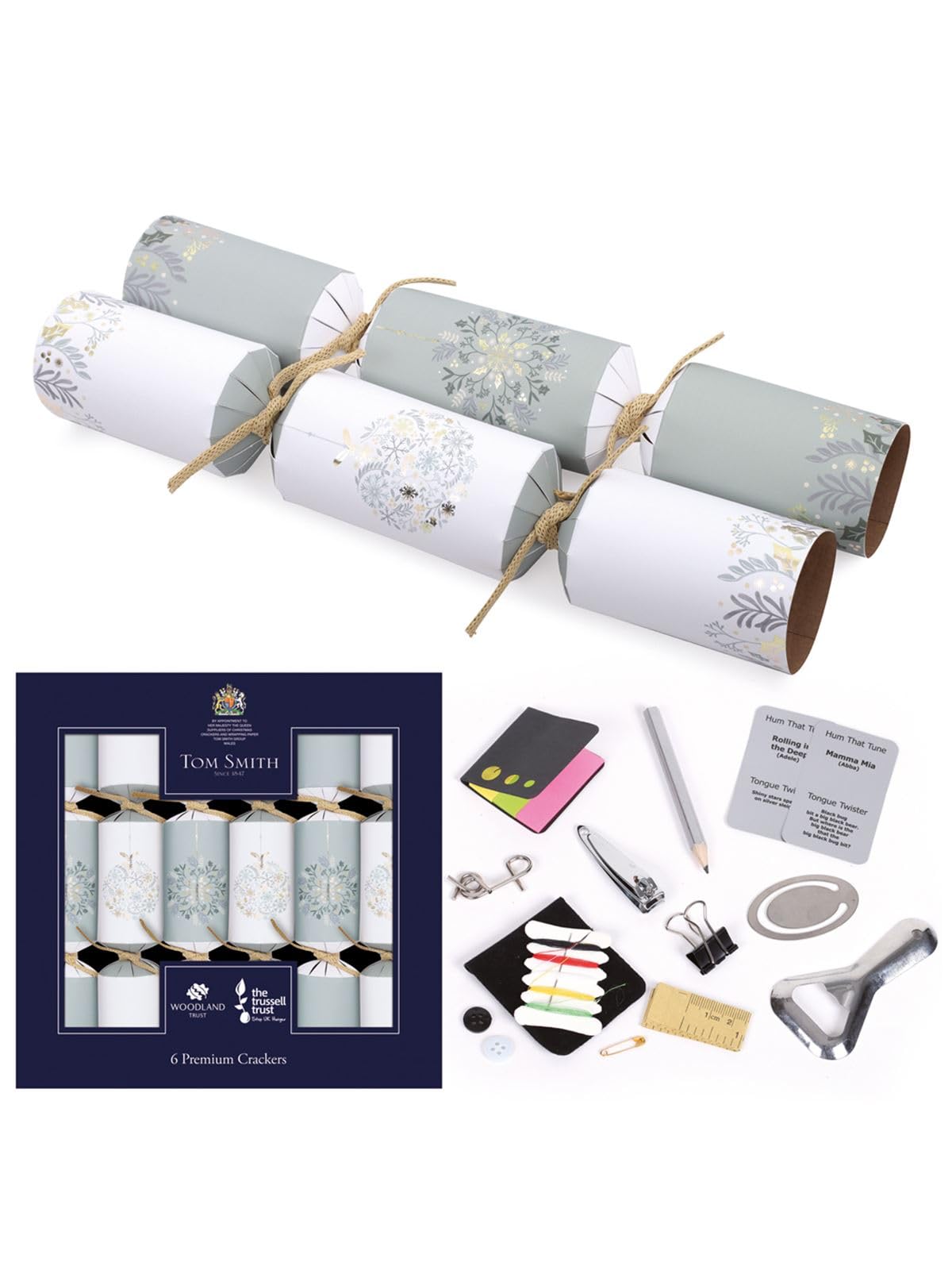 Tom Smith Pack 6 Eco Charity Christmas Crackers White & Sage Bauble Design 33cm