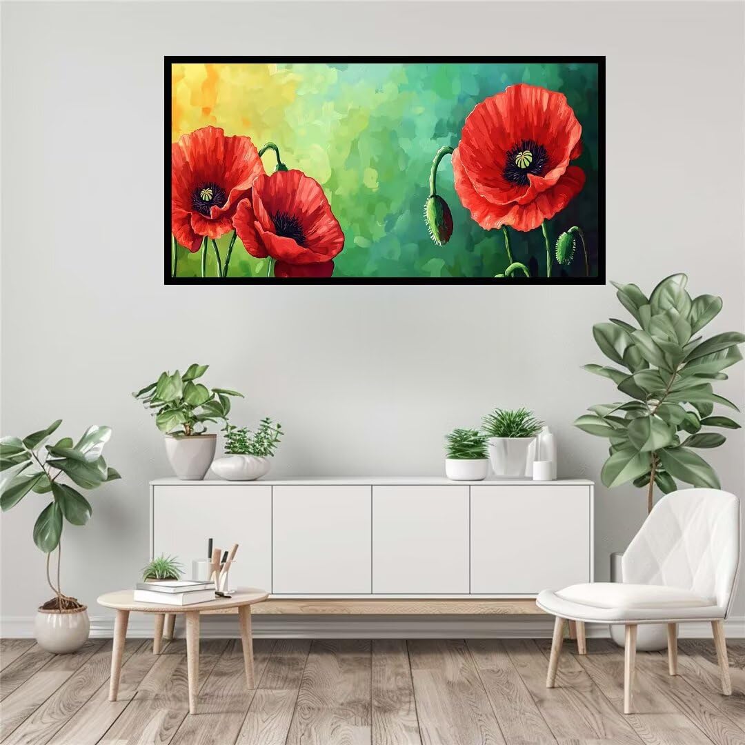 Malen Nach Zahlen Erwachsene Kit, Malen Nach Zahlen Mohn Anfänger DIY Paint by Numbers mit Pinseln und Acrylfarben, DIY Handgemalt Ölgemälde Set für Anfänger für Home Wall Deco (Ohne Rahmen) 40x110cm