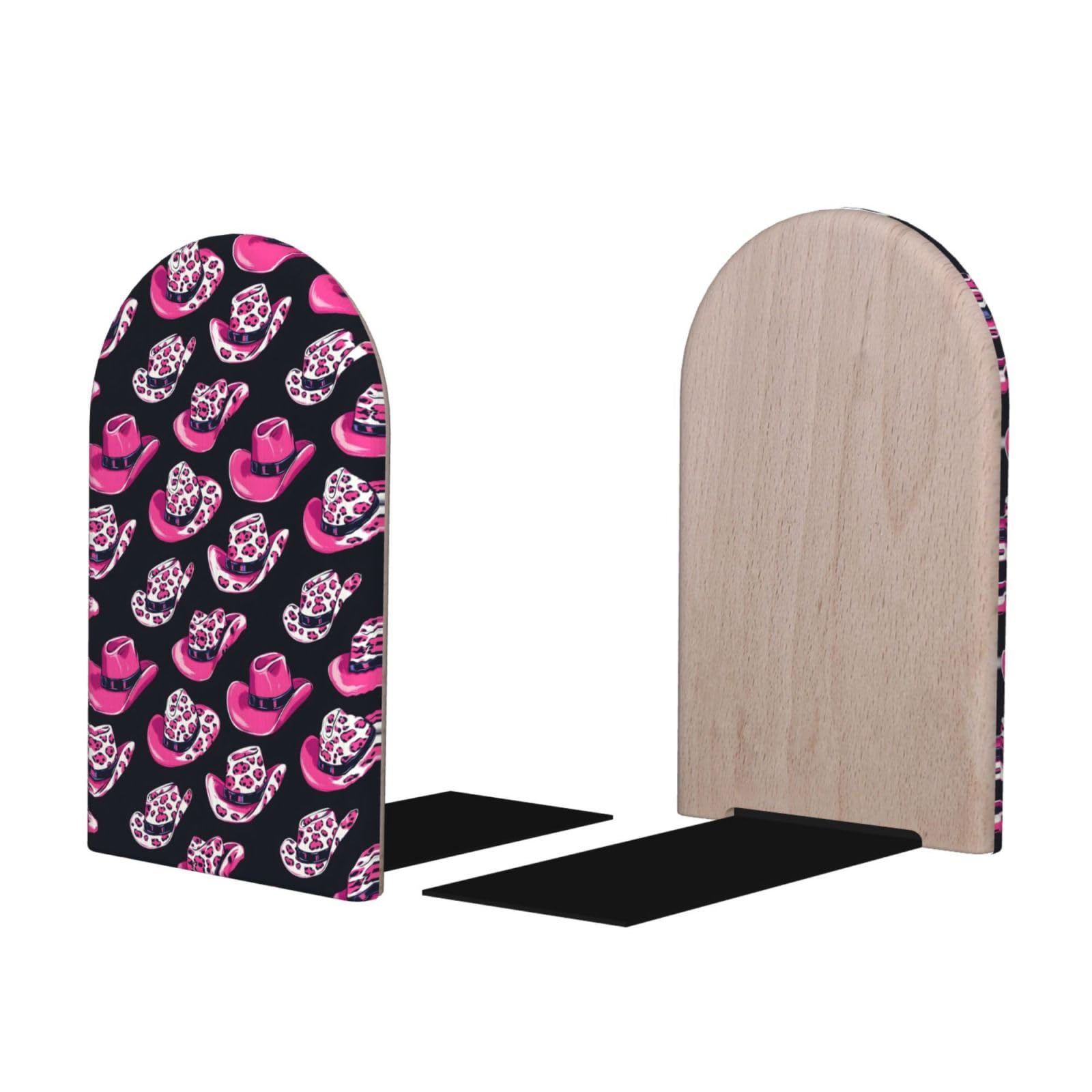 Cow Pink Cowboy Hat Print BookEnds 1 Pair, Decorative Bookends for Heavy Books, Wood Book Ends for Shelves, Book Organizer for Home Desk Office Supplies