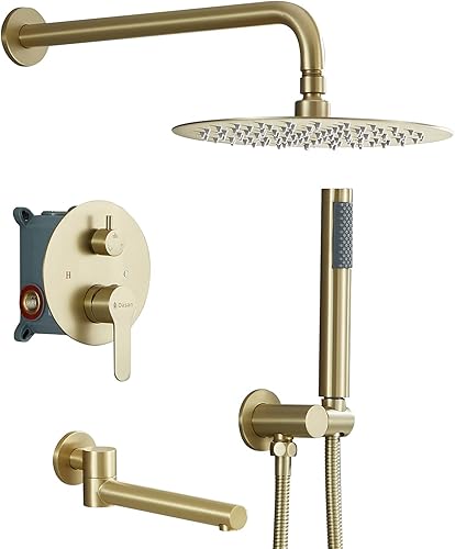 DASAN DA-SS03BG-R10W - Juego completo de grifos de bañera, sistema de ducha de bañera dorado cepillado con boquilla de bañera, bañera y grifo de