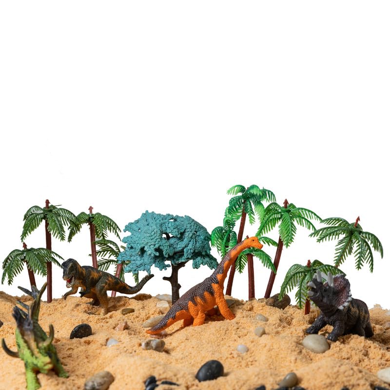 Sensory Bins Jurassic Jungle Dinasour Sensory Safari Toy for Kids | 4 Unique Dinasours | Blisful Taste Safe Kinectic Dirt | Assorted Stones | 10 Assorted Trees for Kid 4