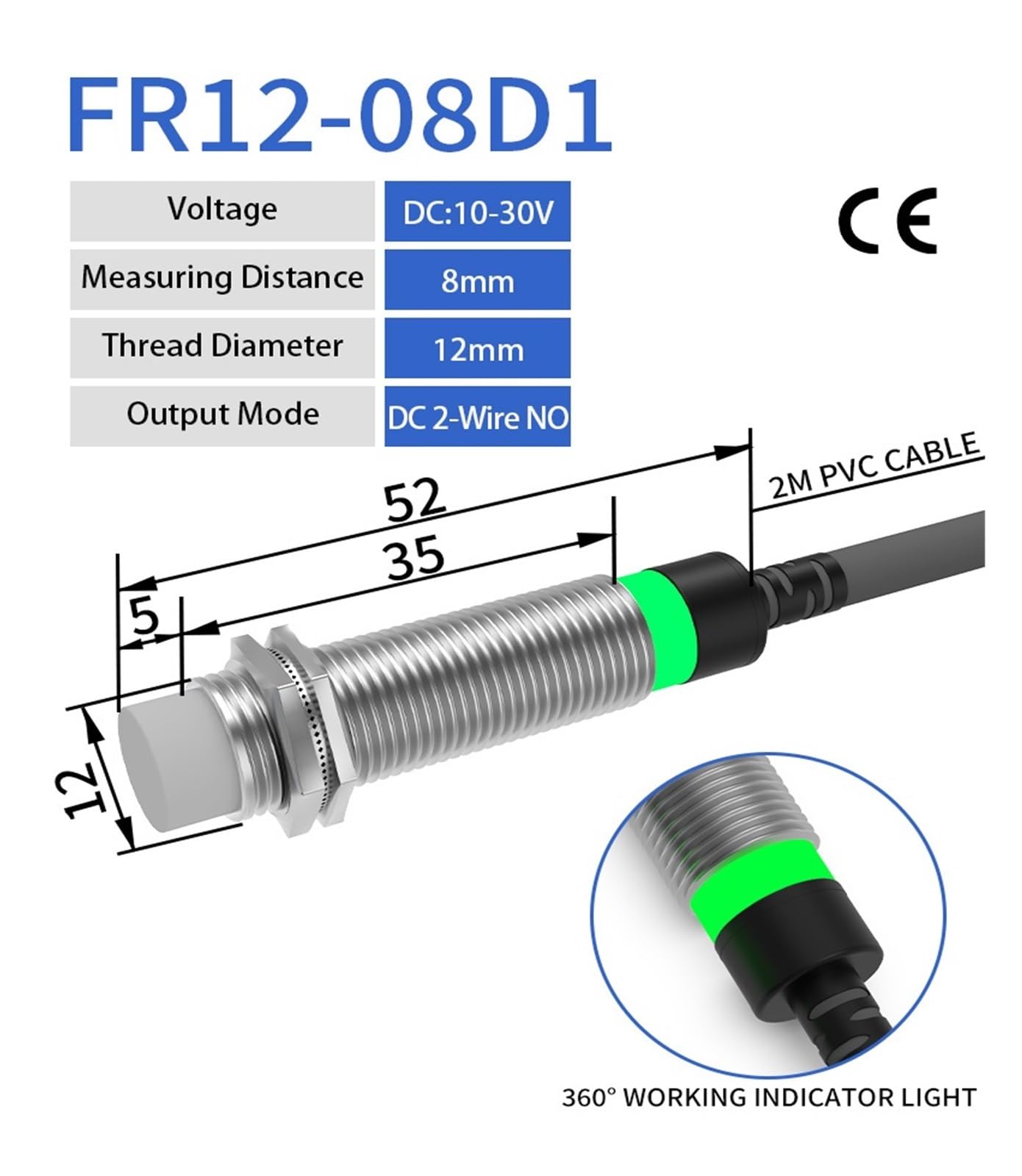 Czujnik indukcyjny dalekiego zasięgu metalowy przełącznik zbliżeniowy M12 NPN PNP NO NC 10-30V DC Flush Non-Flush Zakres wykrywania 4 mm 8 mm (8 mm DC 2-przewodowy NIE)