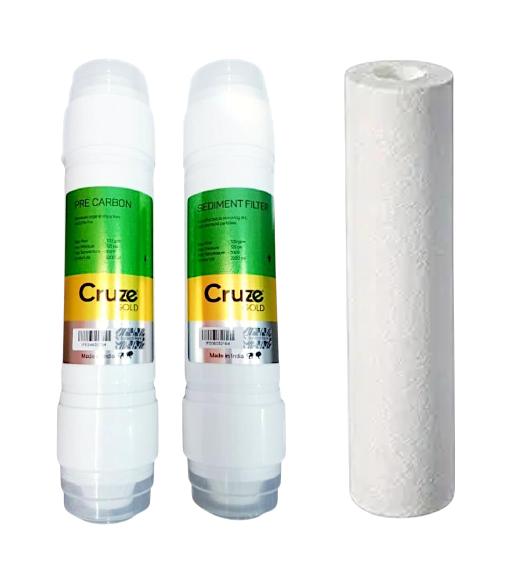 - Cruze Gold RO Inline Filter Kit (Sediment + Pre-Carbon + Spun) | 3-Stage Water Purification Cartridge | Removes Impurities, Chlorine & Sediments | Compatible with RO, Faucet & Countertop Systems