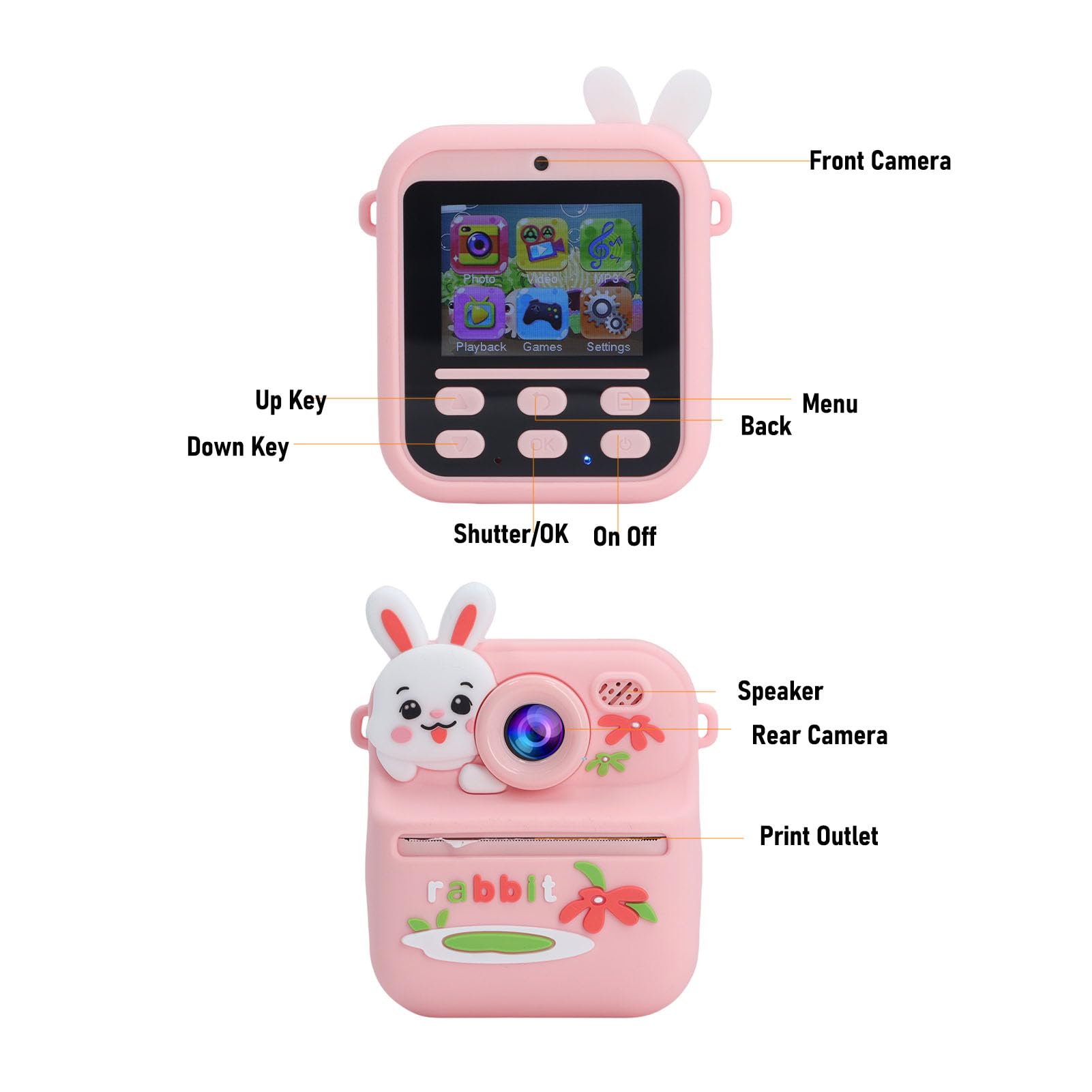 Denash 48MP Doppelobjektiv Instant Print Camera Kinderkamera mit 16x Zoom, 2,4-Zoll-Bildschirm, Full HD Videoaufnahme, ABS Triple Guard Design (Rosa Kaninchen)