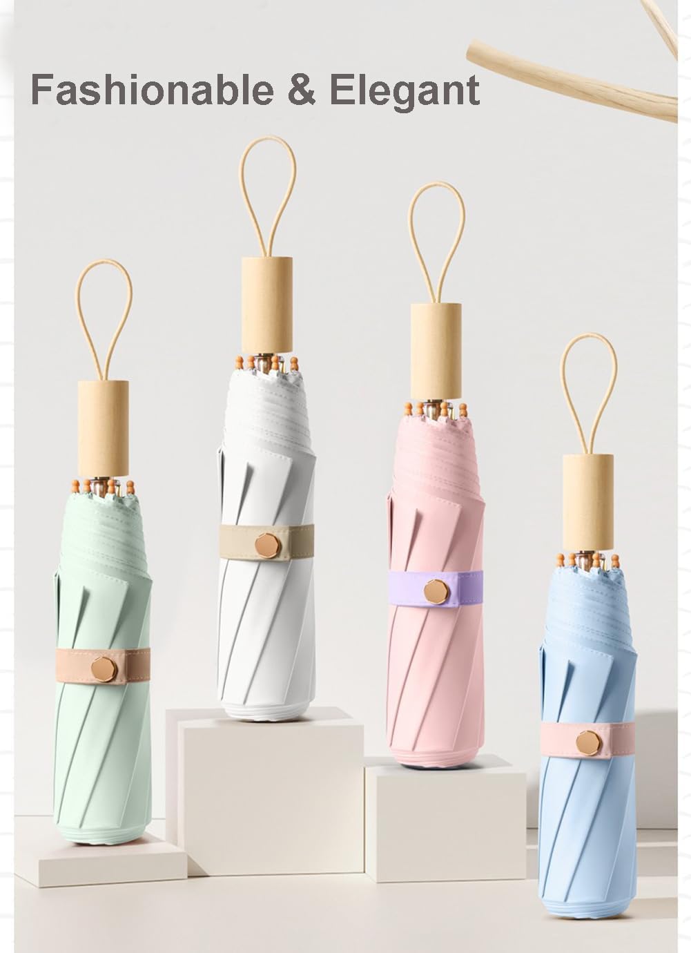 LCY Compact Umbrella Folding Anti-UV Parasol with Wooden Handle Sunproof Rainproof & Windproof Umbrella - Image 2